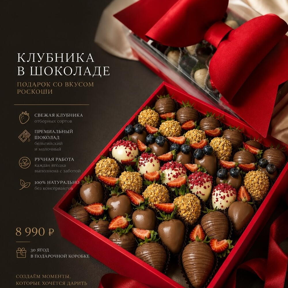 Клубника в шоколаде, большая коробка с бантом — фото 6